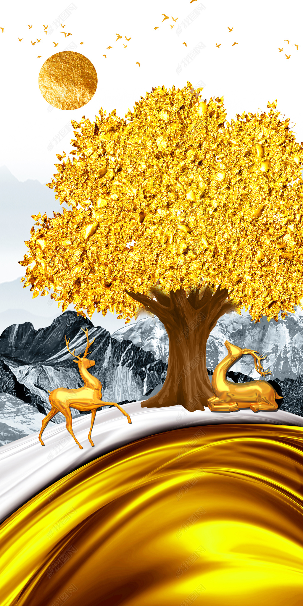 花纹图案抽象富贵金山麋鹿发财树走廊画晶钻画花纹图案家居数码图案