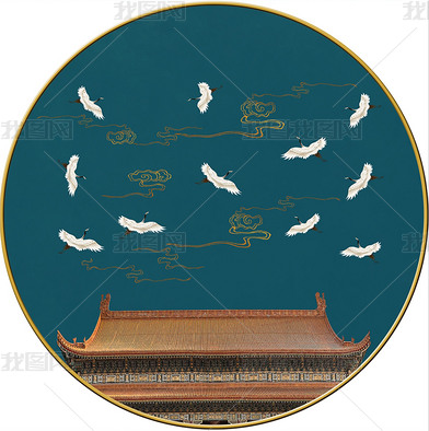 花纹图案新中式手绘禅意祥云白鹤中式瑞鹤图圆形框画花纹图案家居数码