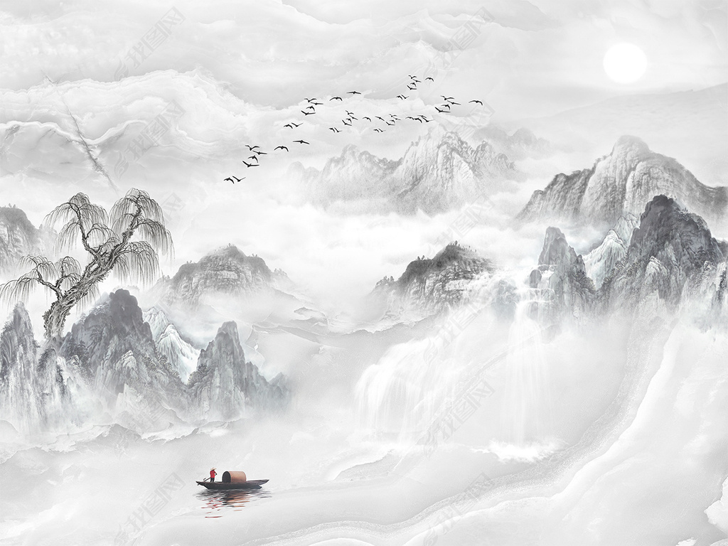 花纹图案新中式大理石纹理黑白灰意境山水电视花纹图案家居数码图案