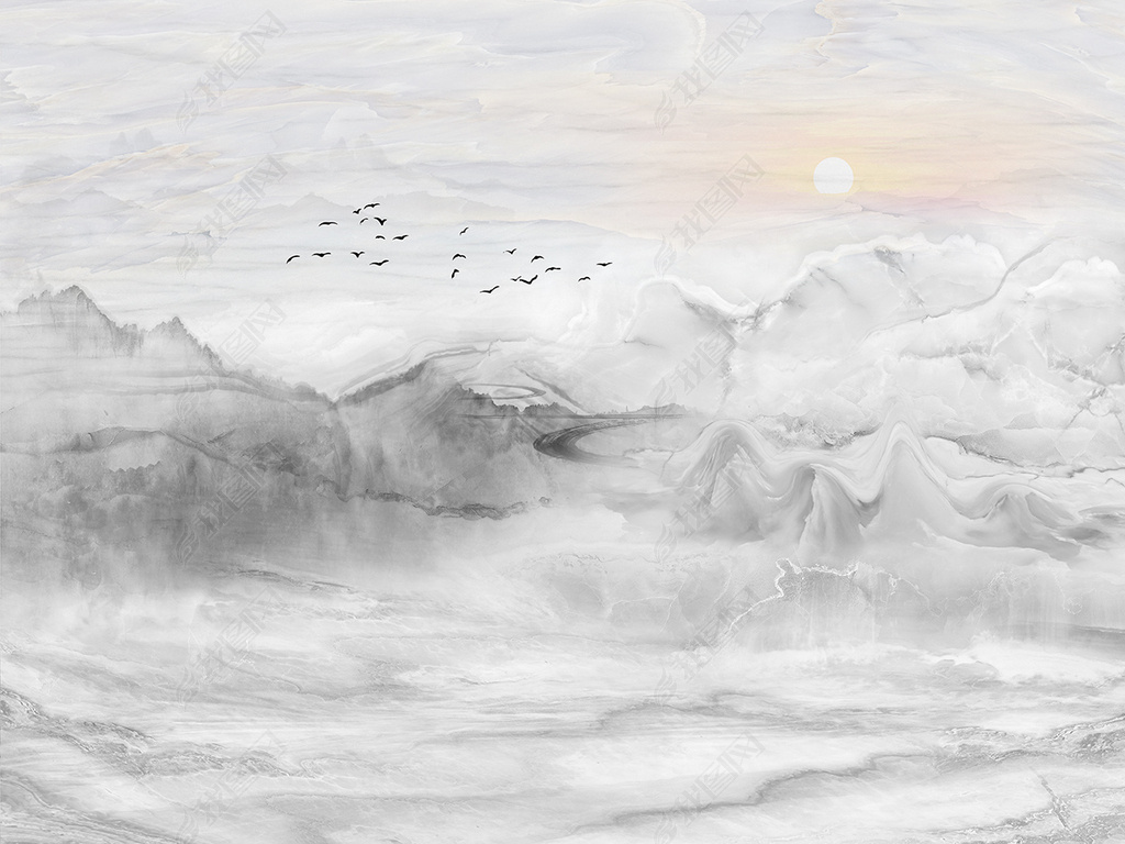 花纹图案-新中式大理石纹理黑白灰意境山水电视花纹图案家居数码图案