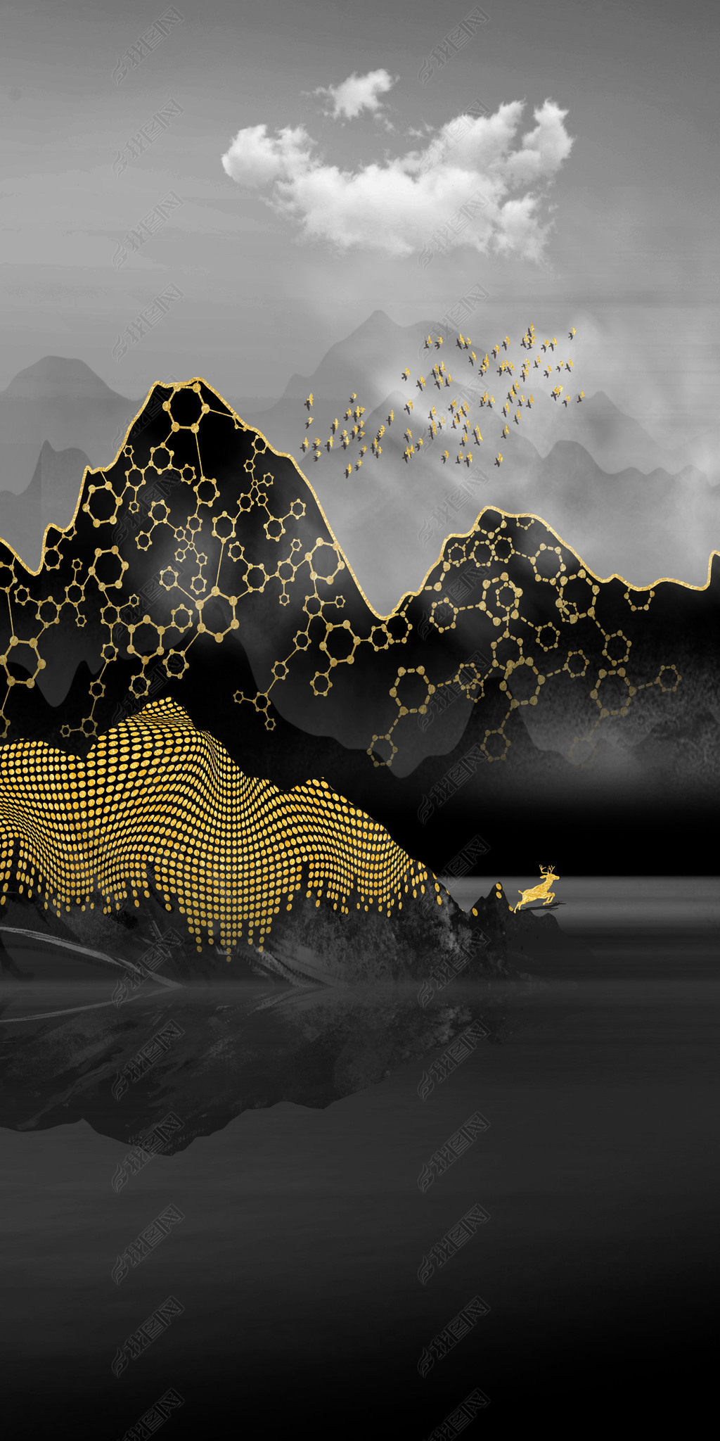 花纹图案新中式抽象鎏金水墨山水风景轻奢晶贝花纹图案家居数码图案