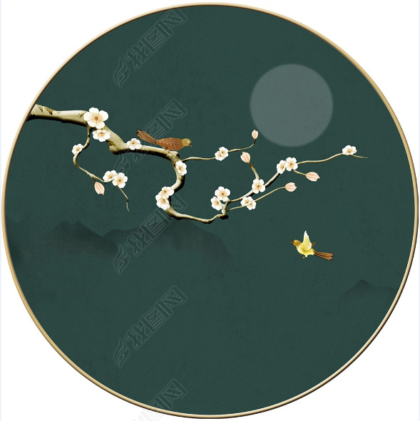 原创花纹图案-新中式手绘梅花花鸟圆形框画挂画花纹图案家居数码图案