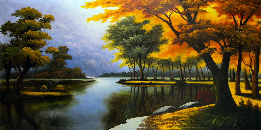 花纹图案湖面秋色树林三联组合花纹图案家居数码图案