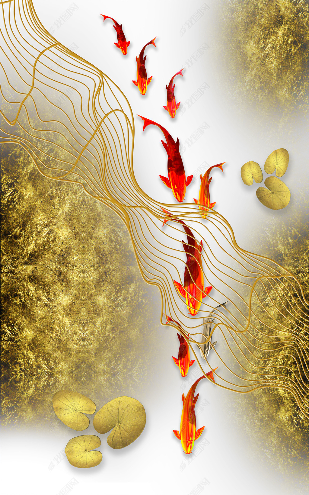 花纹图案-新款创意金色锦鲤鱼金色线条发财转运酒店花纹图案家居数码