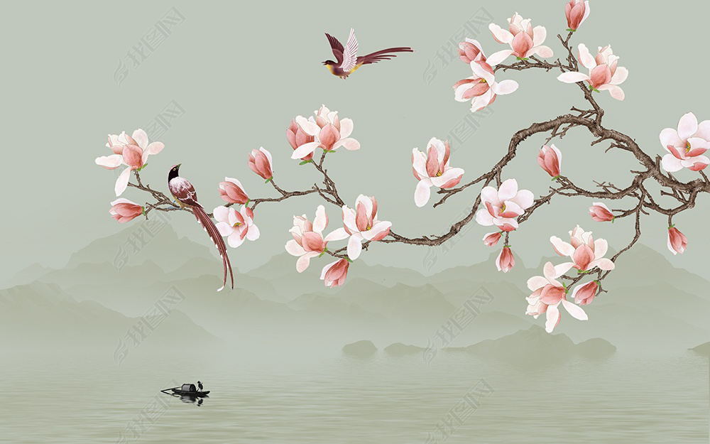 花纹图案-新中式手绘玉兰花工笔花鸟花纹图案家居数码图案