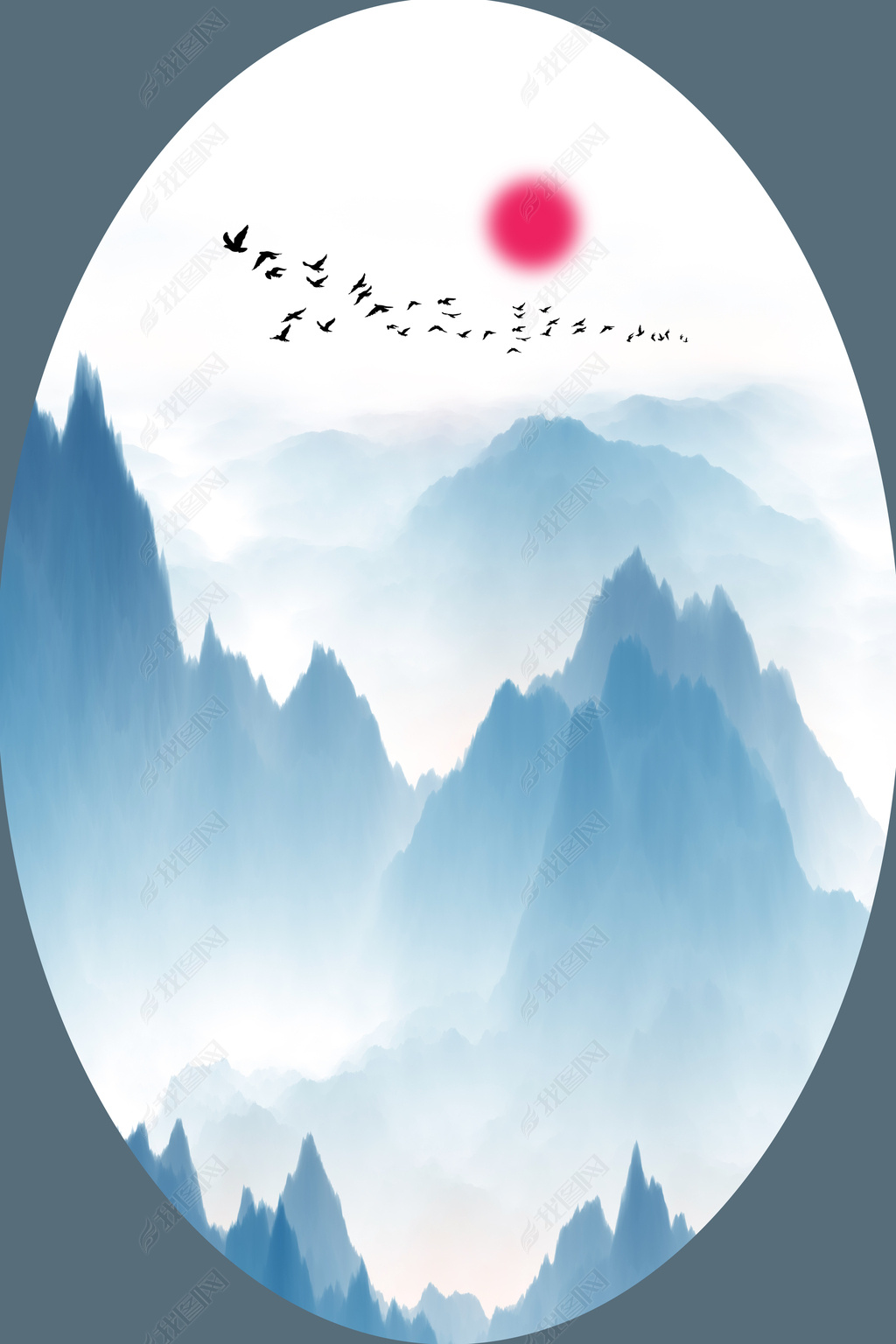 花纹图案新中式水墨意境山水椭圆山水风景酒店花纹图案家居数码图案