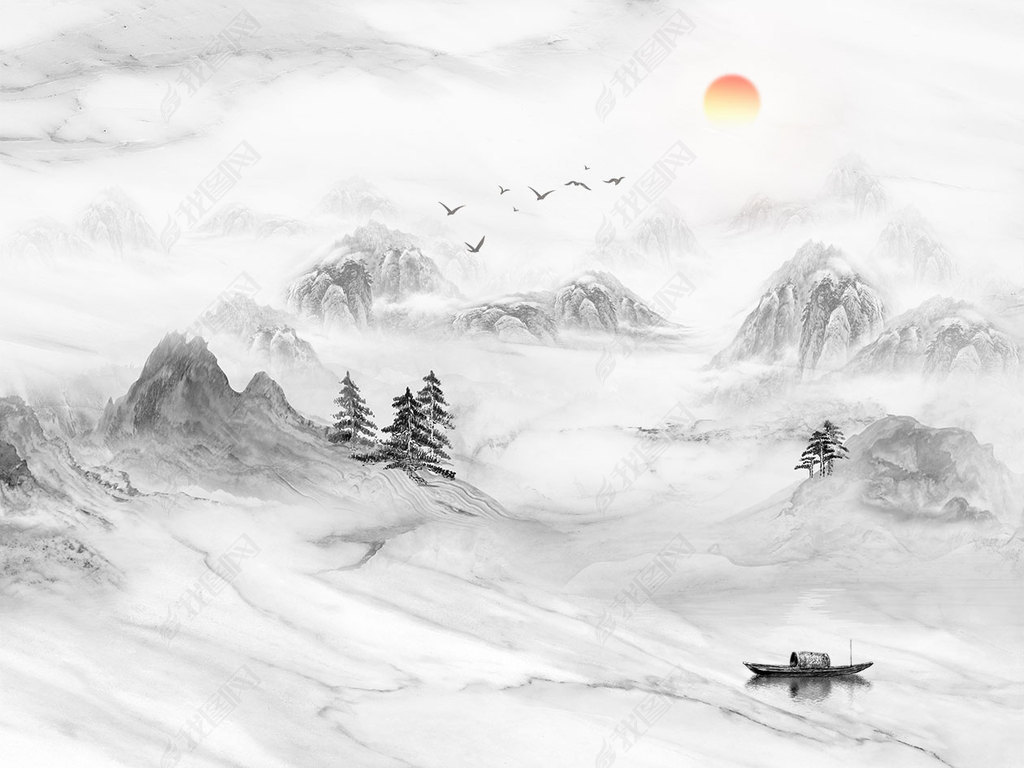 花纹图案新中式抽象意境水墨山水电视花纹图案家居数码图案