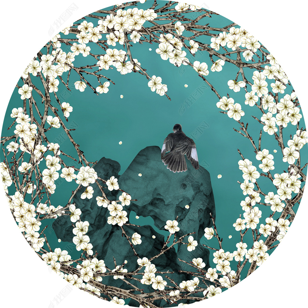 花纹图案新中式新古典手绘梨花工笔花鸟圆形花纹图案家居数码图案