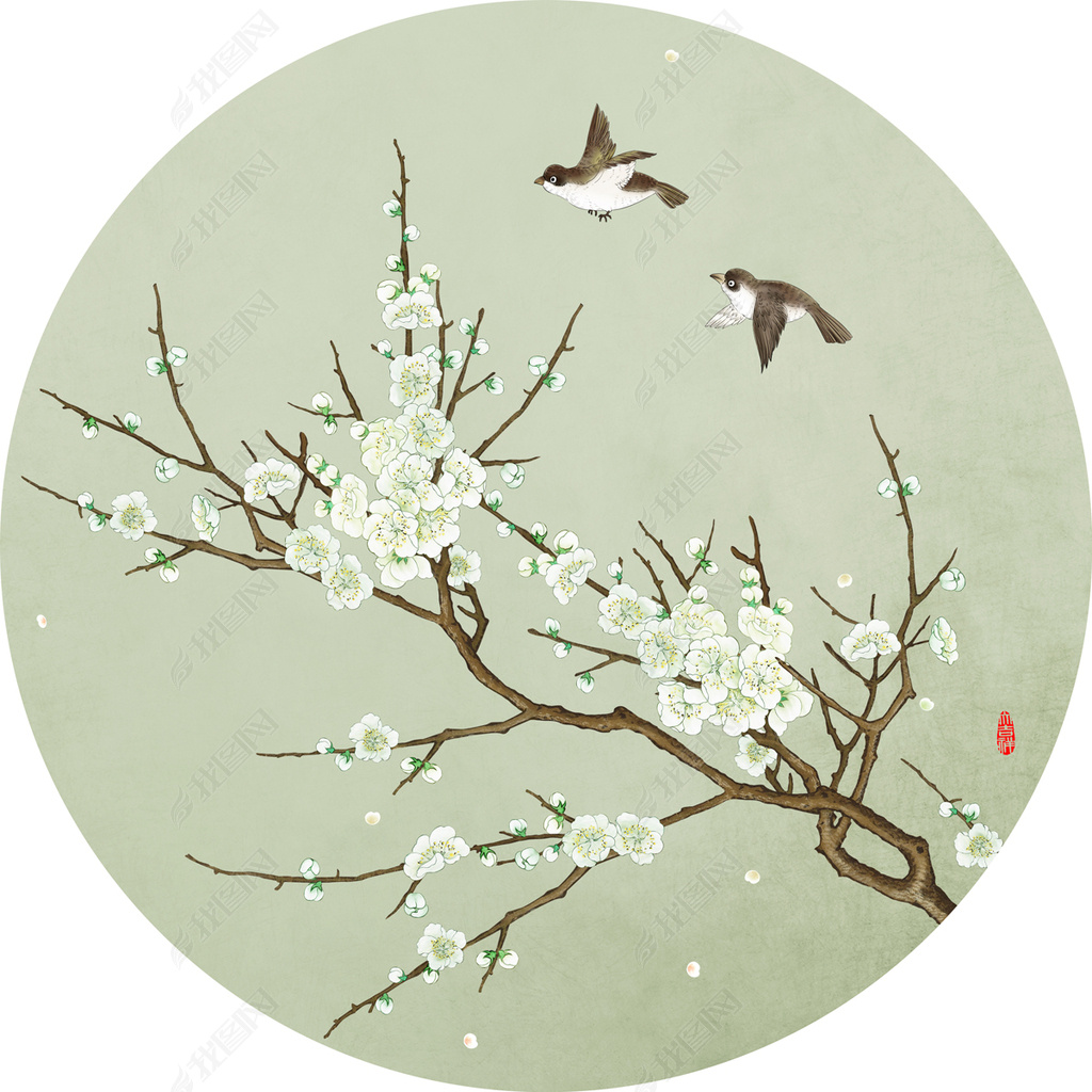 花纹图案现代新中式手绘梨花工笔花鸟圆形挂画花纹图案家居数码图案