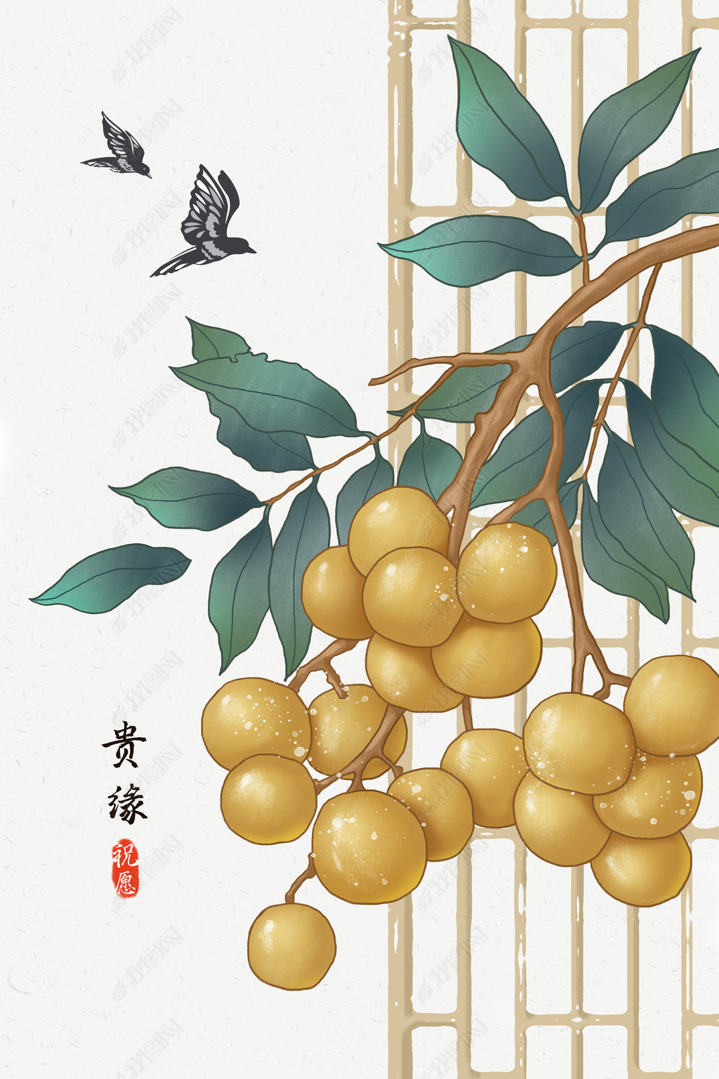 花纹图案-纯手绘新中式古风民俗富贵餐厅水彩花纹图案家居数码图案