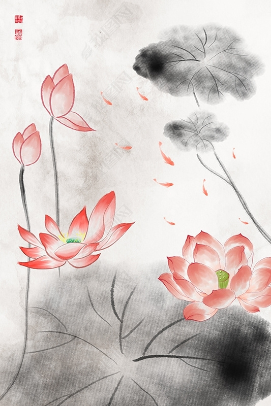 花纹图案-水墨荷花九鱼图国画餐厅书房挂画花纹图案家居数码图案