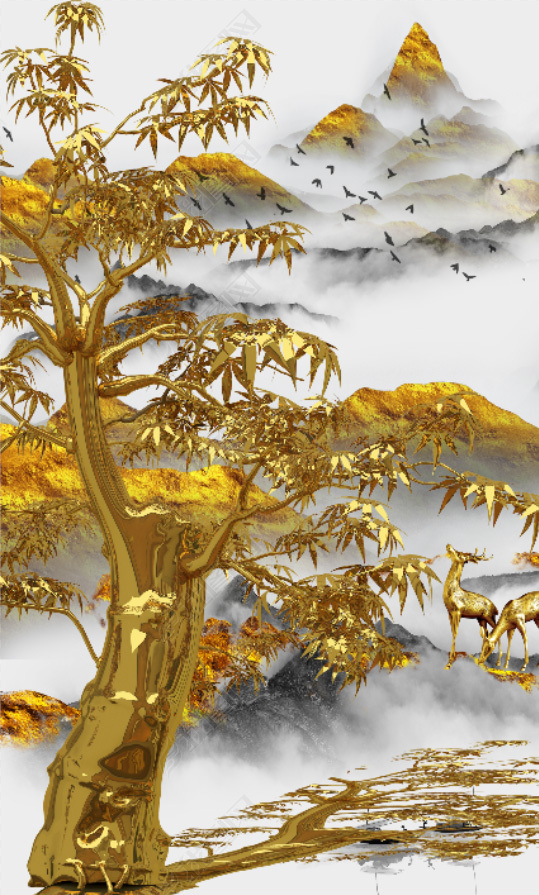 花纹图案中式轻奢抽象金色山水迎客松复式楼花纹图案家居数码图案