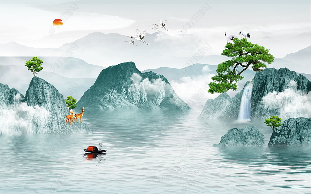 原创花纹图案-中国风大气山水风景青山绿水禅意山水花纹图案家居数码