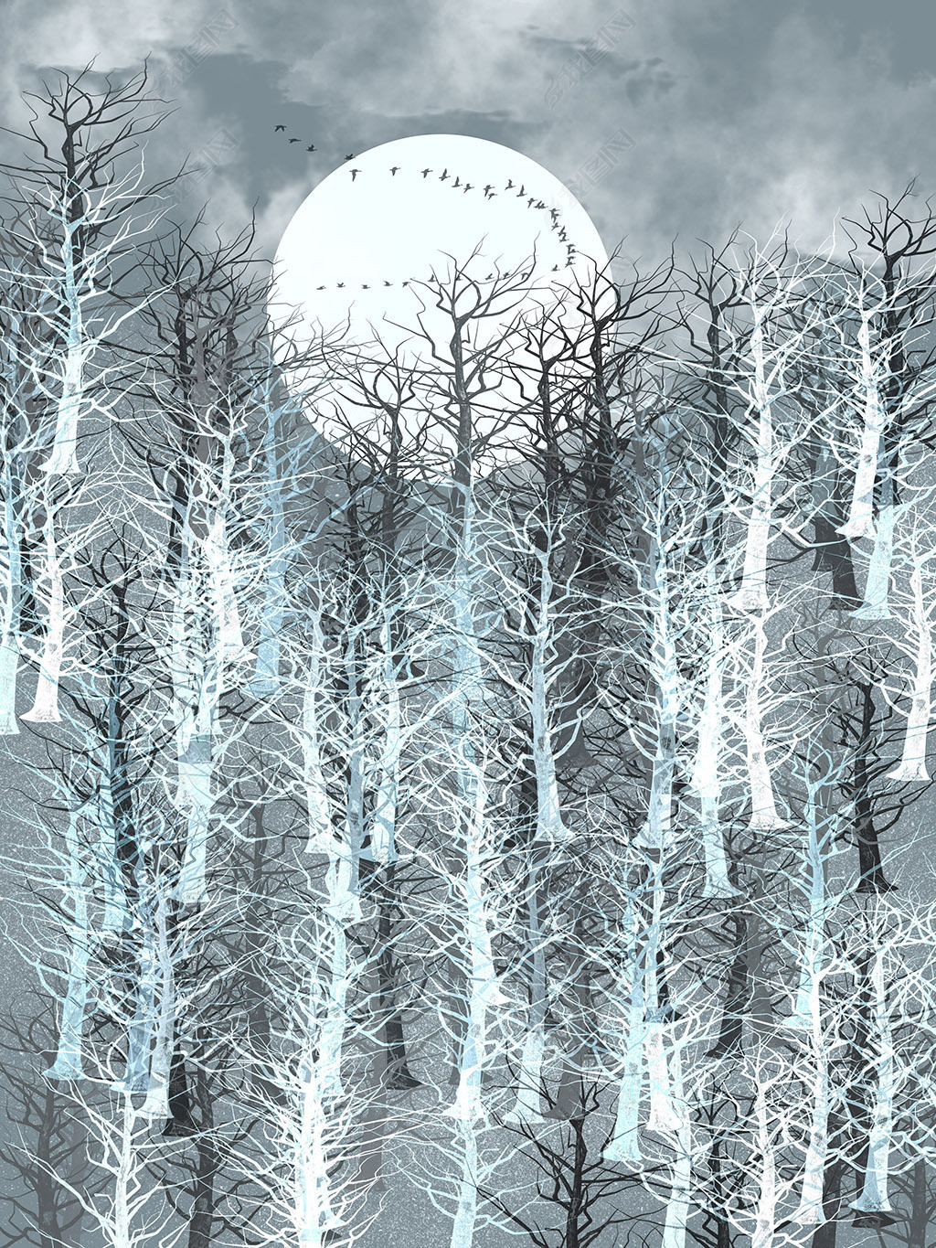 花纹图案丹麦初冬の森林日出冰蓝灰色森系风景花纹图案家居数码图案