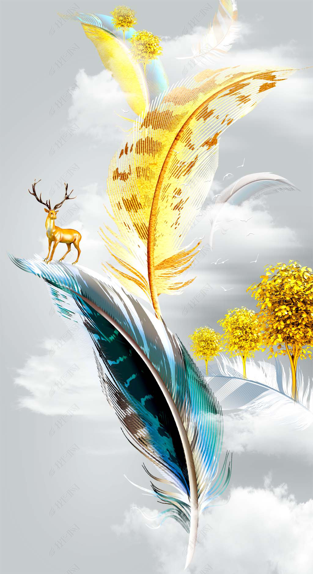 原创花纹图案-发财鹿黄金羽毛抽象艺术晶瓷画花纹图案家居数码图案