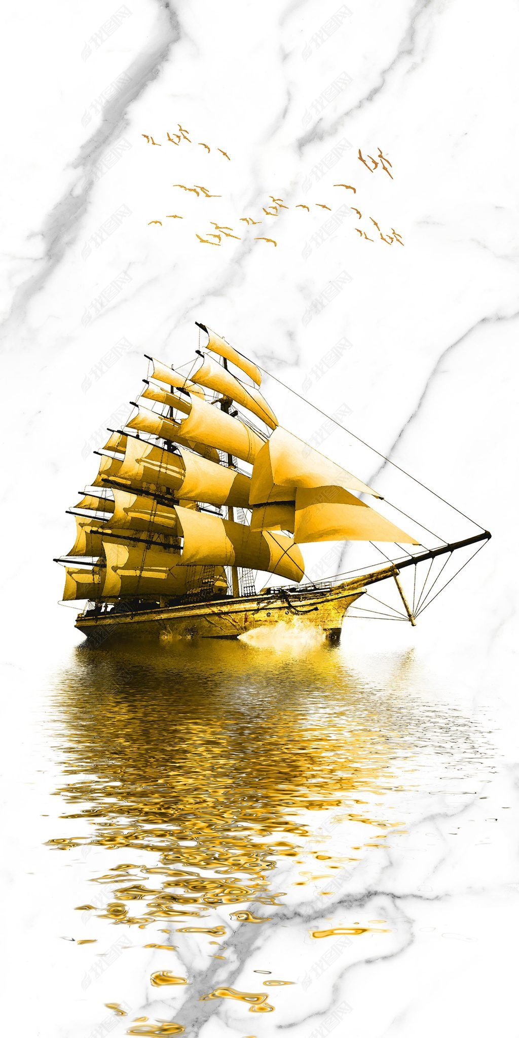 花纹图案北欧简约抽象金色小船帆船风景大理石纹花纹图案家居数码图案
