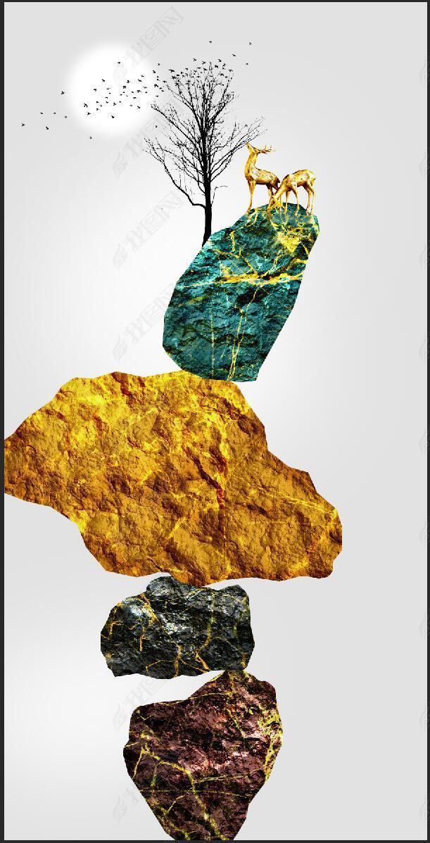 花纹图案新中式抽象创意石来运转金色石头麋鹿晶瓷画花纹图案家居数码