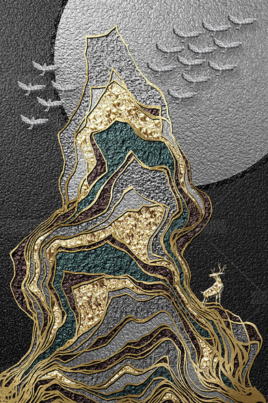 原创花纹图案-新中式抽象禅意金色线条山峰飞鸟轻奢花纹图案家居数码