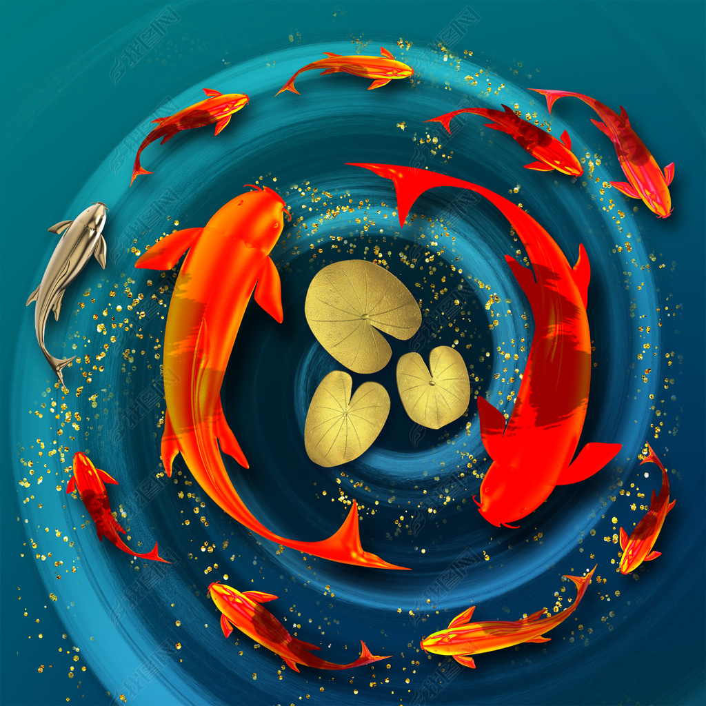 花纹图案新款创意红色锦鲤鱼蓝色背景发财转运酒店花纹图案家居数码