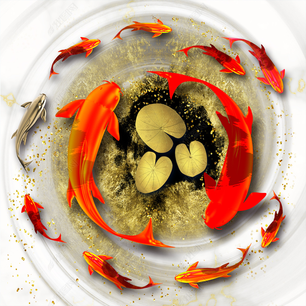 花纹图案新款创意红色锦鲤鱼金色背景发财转运酒店花纹图案家居数码
