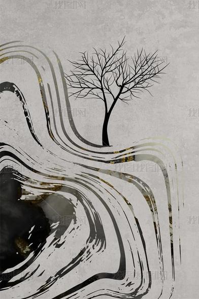 花纹图案新中式抽象意境水墨线条山水大树麋鹿花纹图案家居数码图案