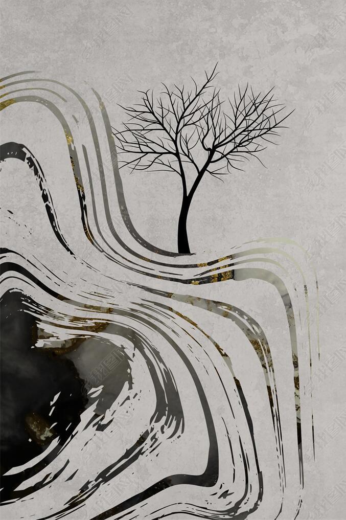 花纹图案新中式抽象意境水墨线条山水大树麋鹿花纹图案家居数码图案