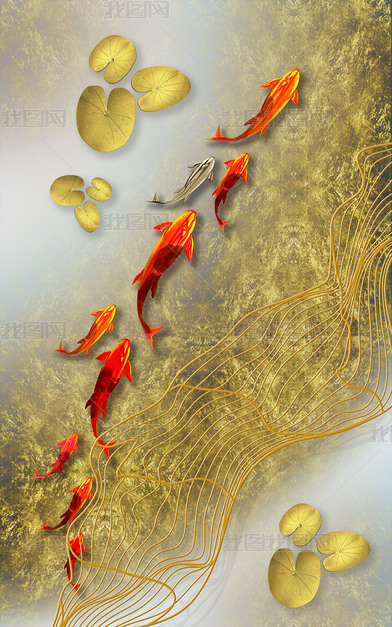 花纹图案-新款创意金色发财鱼黄金发财风水画花纹图案家居数码图案