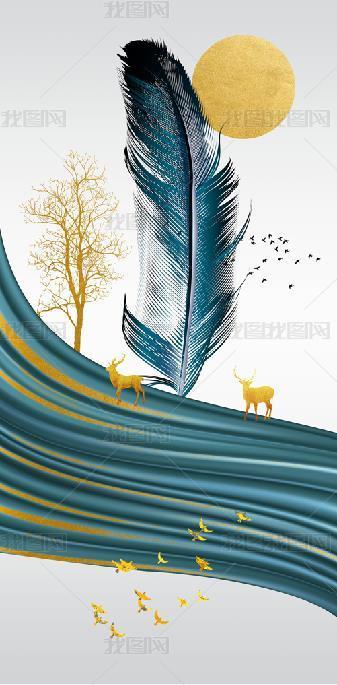 花纹图案-创意手绘抽象艺术金色羽毛现代简约花纹图案家居数码图案