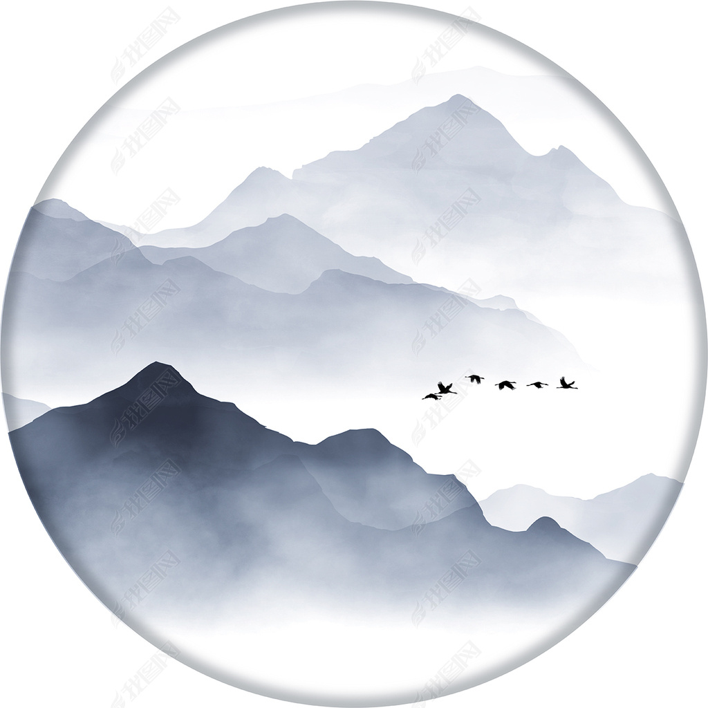 花纹图案现代简约抽象手绘山水画圆形山水挂画画花纹图案家居数码图案