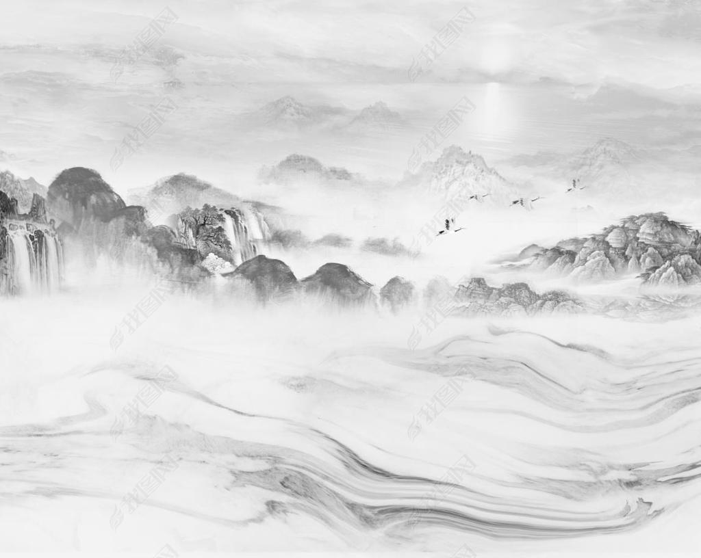 花纹图案灰色新中式意境水墨山水大理石纹轻奢花纹图案家居数码图案