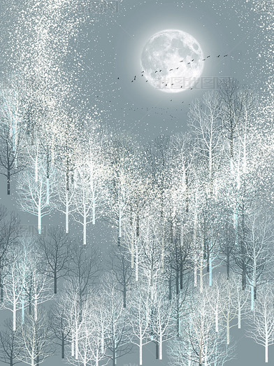 花纹图案众星拱月光晕圆环意境圆月夜风景森系花纹图案家居数码图案