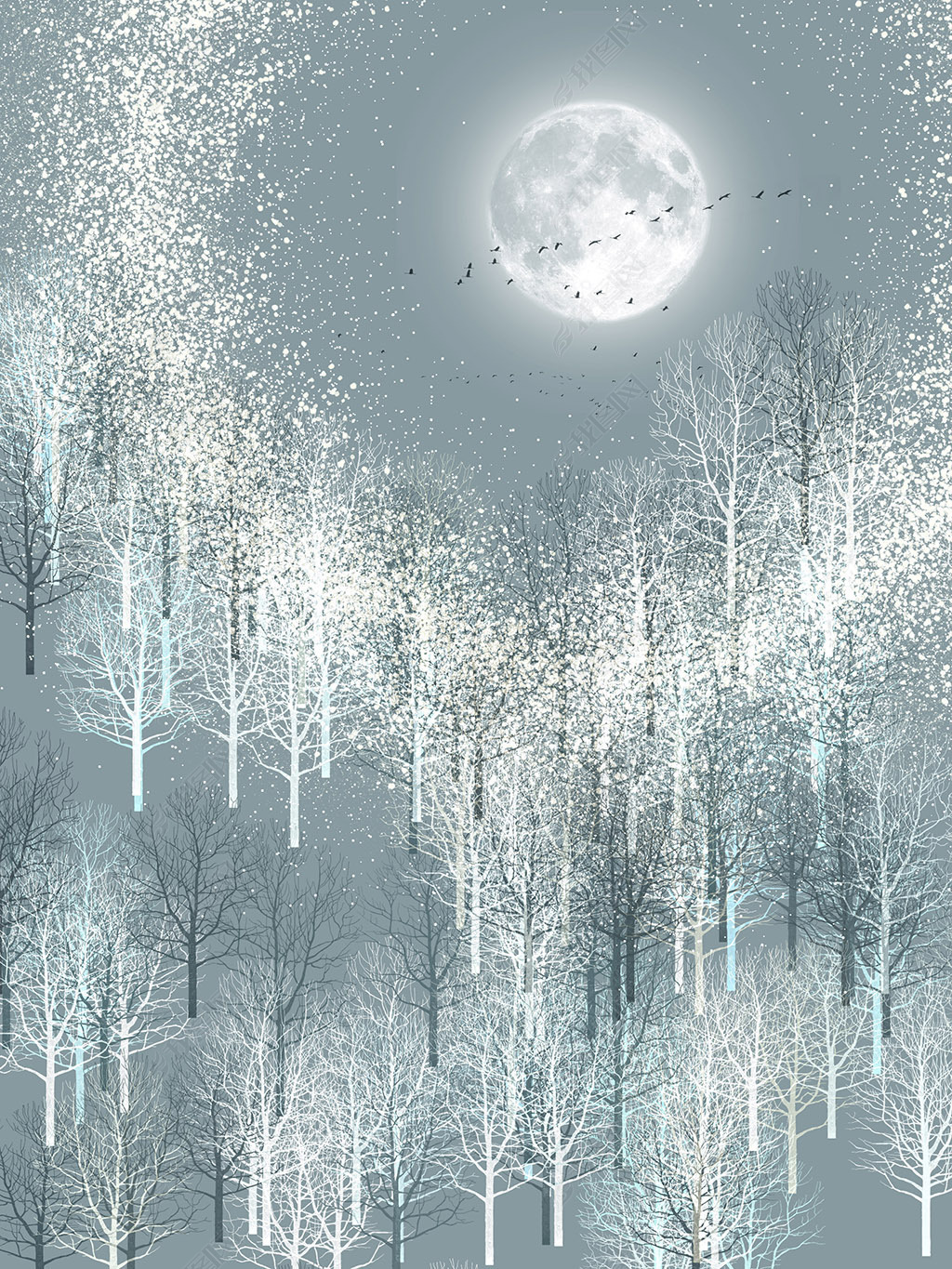 花纹图案众星拱月光晕圆环意境圆月夜风景森系花纹图案家居数码图案