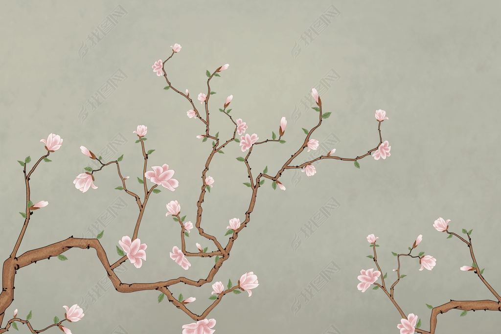 原创花纹图案-新款花鸟新中式玉兰雅致花纹图案家居数码图案