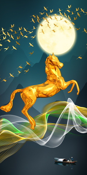 花纹图案新中式抽象金色飘带金色骏马晶瓷画花纹图案家居数码图案