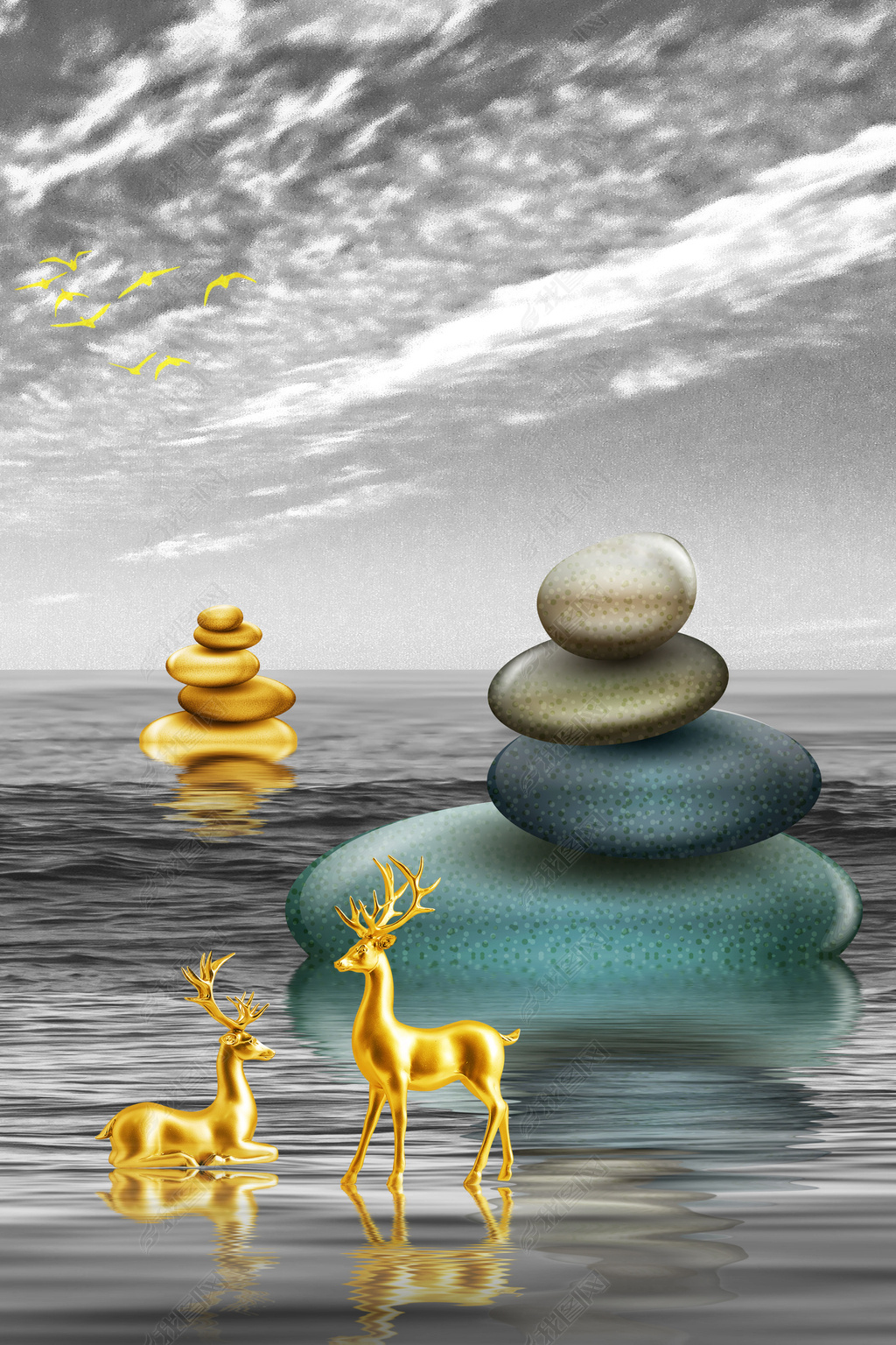 花纹图案现代简约石来运转金色麋鹿北欧三联画花纹图案家居数码图案