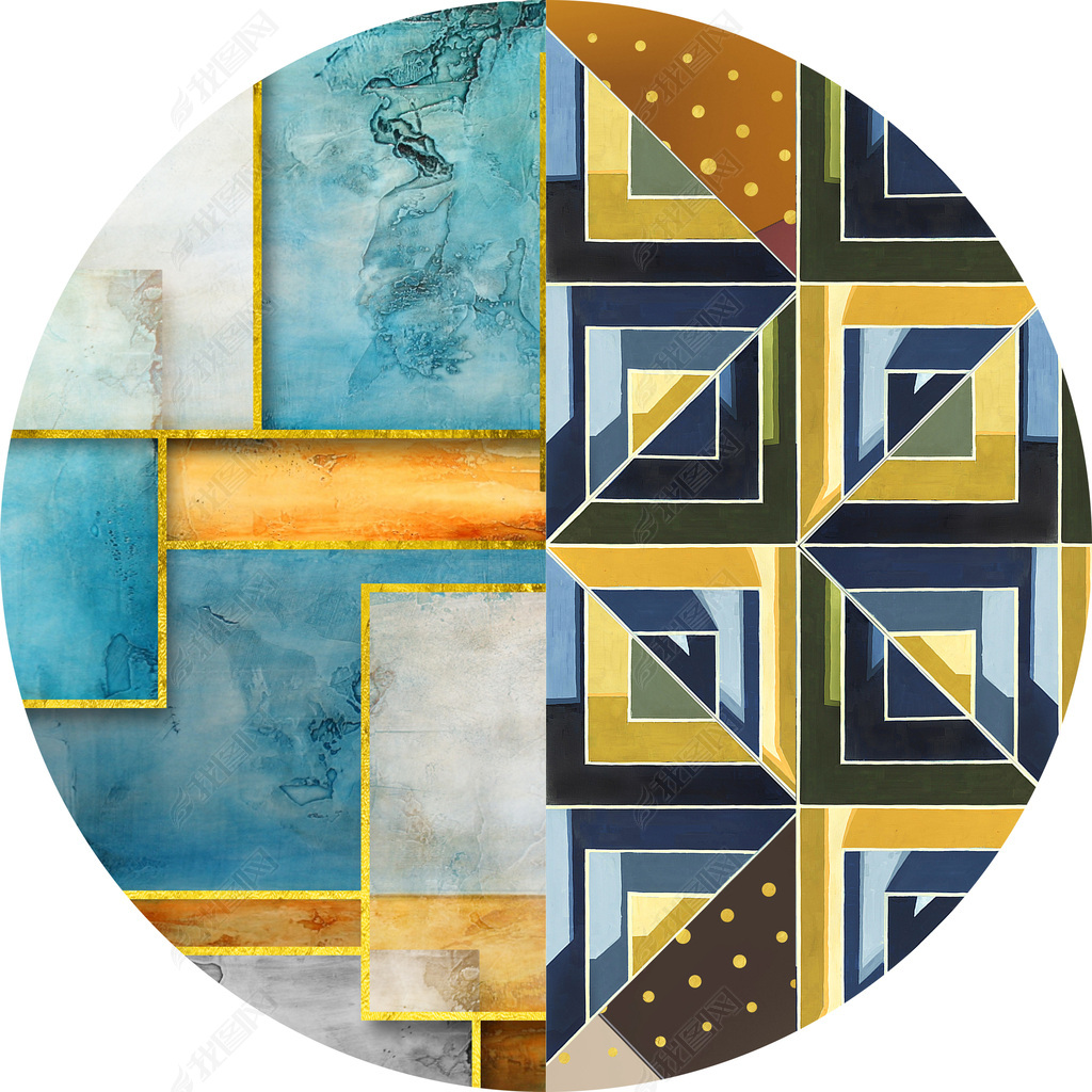 花纹图案-后现代简约抽象创意金色几何组合两联花纹图案家居数码图案