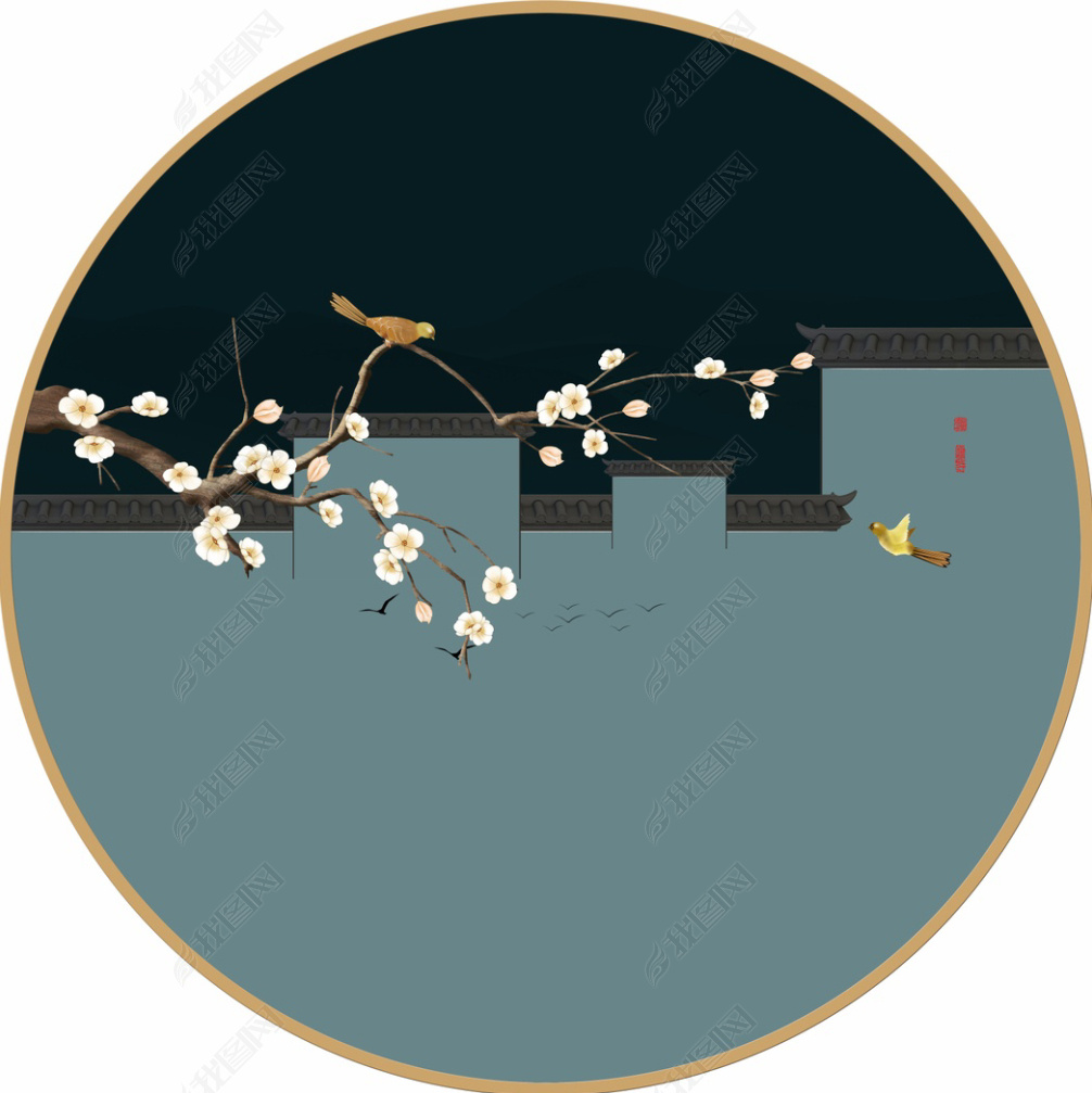花纹图案-新中式手绘梅花花鸟框画徽派马头墙花下载-编号23633049-花