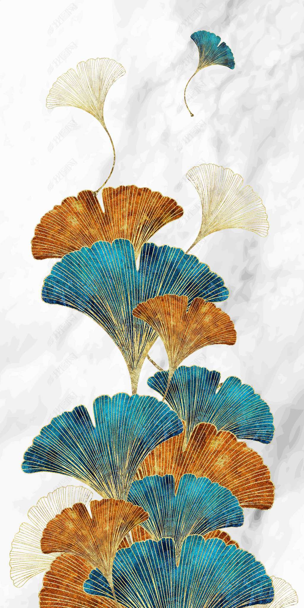 原创花纹图案-新中式简约金色银杏叶抽象无框画花纹图案家居数码图案