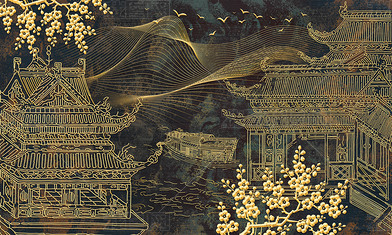 花纹图案新中式金色浮雕线条古典建筑抽象艺术禅意花纹图案家居数码