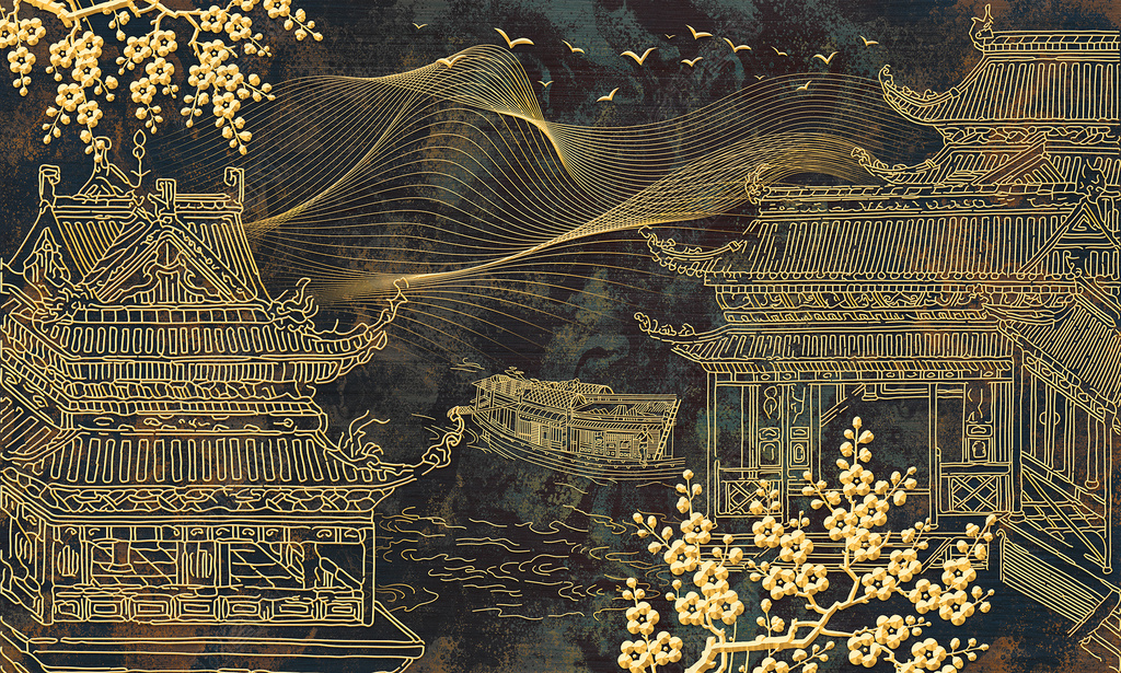 花纹图案新中式金色浮雕线条古典建筑抽象艺术禅意花纹图案家居数码