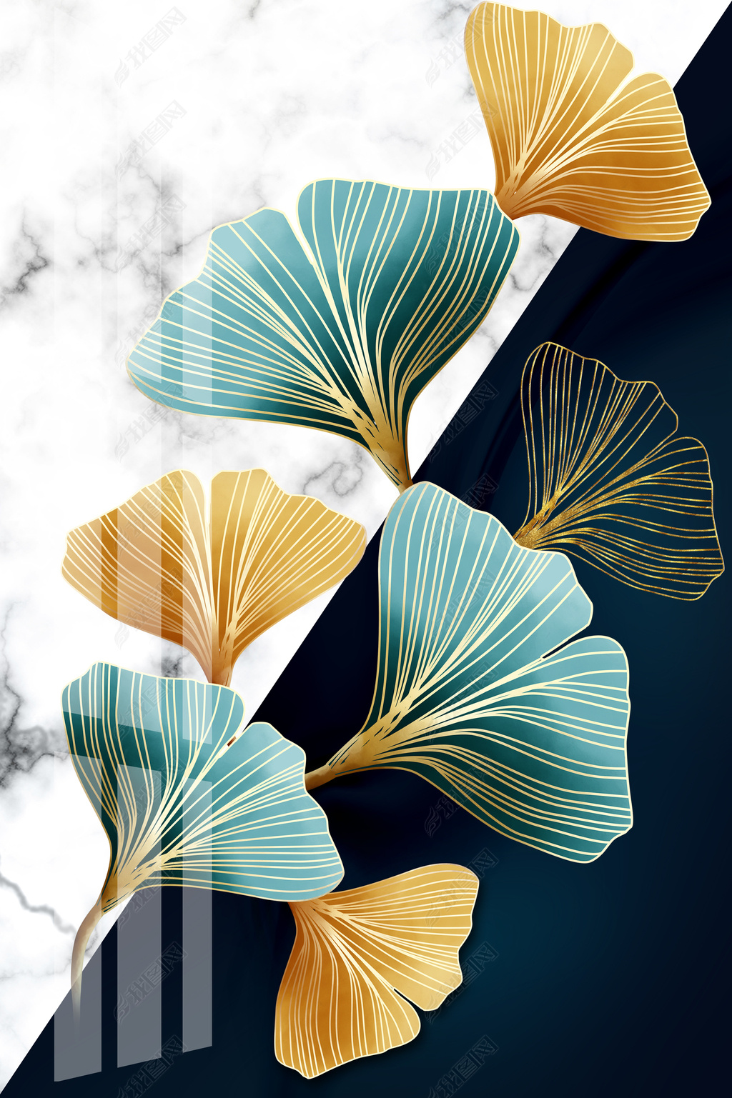 原创花纹图案现代抽象手绘银杏叶轻奢壁画花纹图案家居数码图案版权可