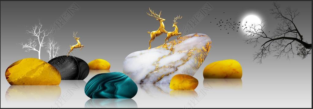 花纹图案现代创意简约石来运转金色石头发财树晶瓷组合画花纹图案家居