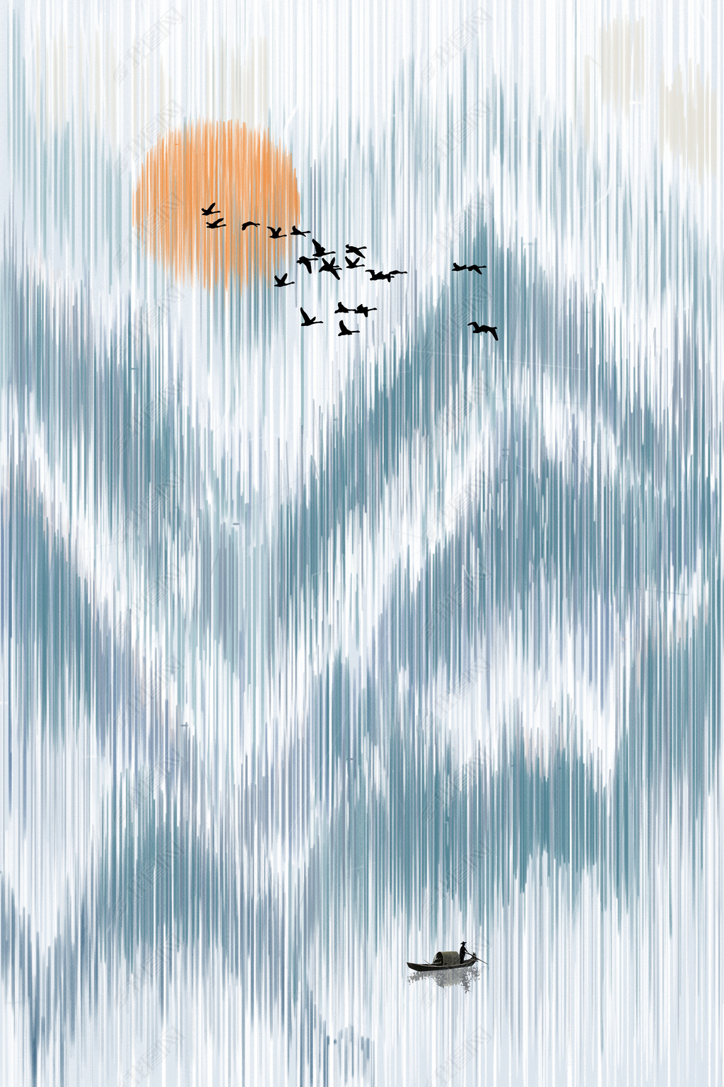 花纹图案新中式写意国画水墨山水渔舟唱晚线条艺术花纹图案家居数码