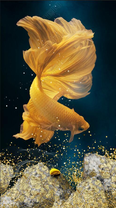 花纹图案现代时尚轻奢手绘石来运转金色孔雀鱼晶瓷画花纹图案家居数码