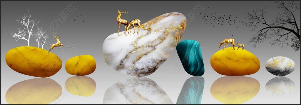 原创花纹图案-现代创意简约石来运转金色石头发财树晶瓷组合画花纹