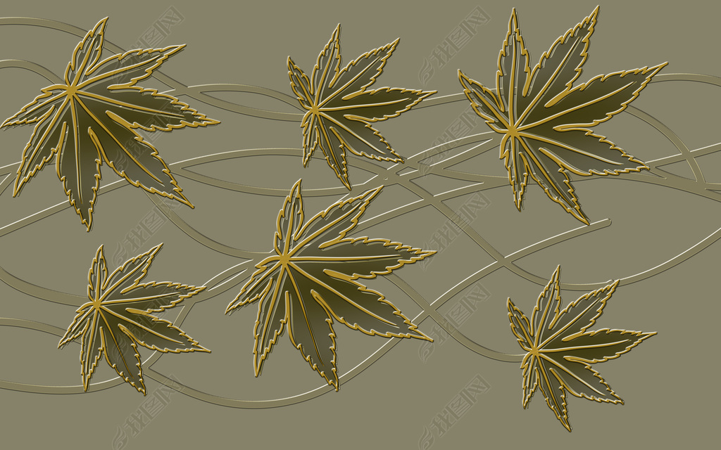 花纹图案金色黄金浮雕树叶枫叶浮雕雕刻壁画花纹图案家居数码图案