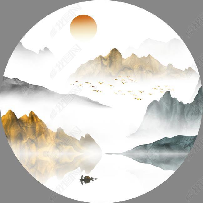 原创花纹图案-新中式水墨山水圆形山水挂画金色山水画花纹图案家居