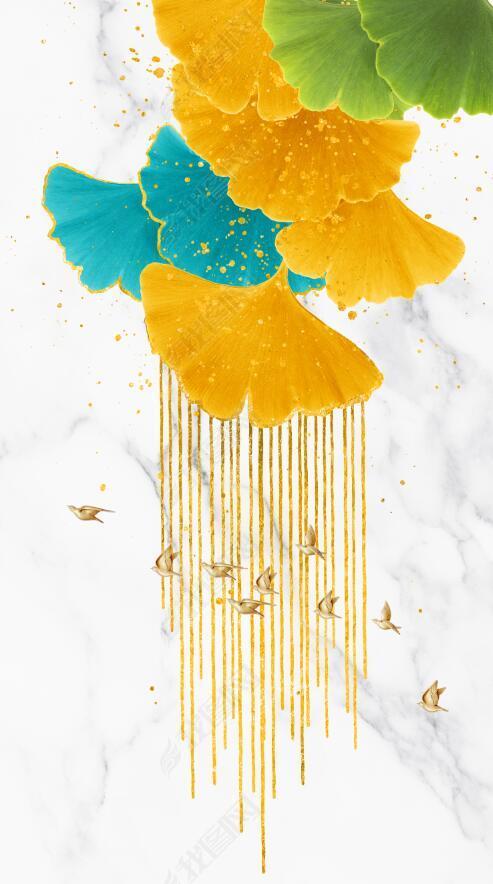 花纹图案现代时尚轻奢抽象艺术油画鎏金银杏叶挂画花纹图案家居数码