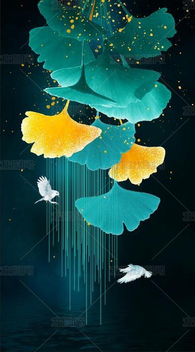 原创花纹图案-现代时尚轻奢抽象艺术油画鎏金银杏叶挂画花纹图案家居