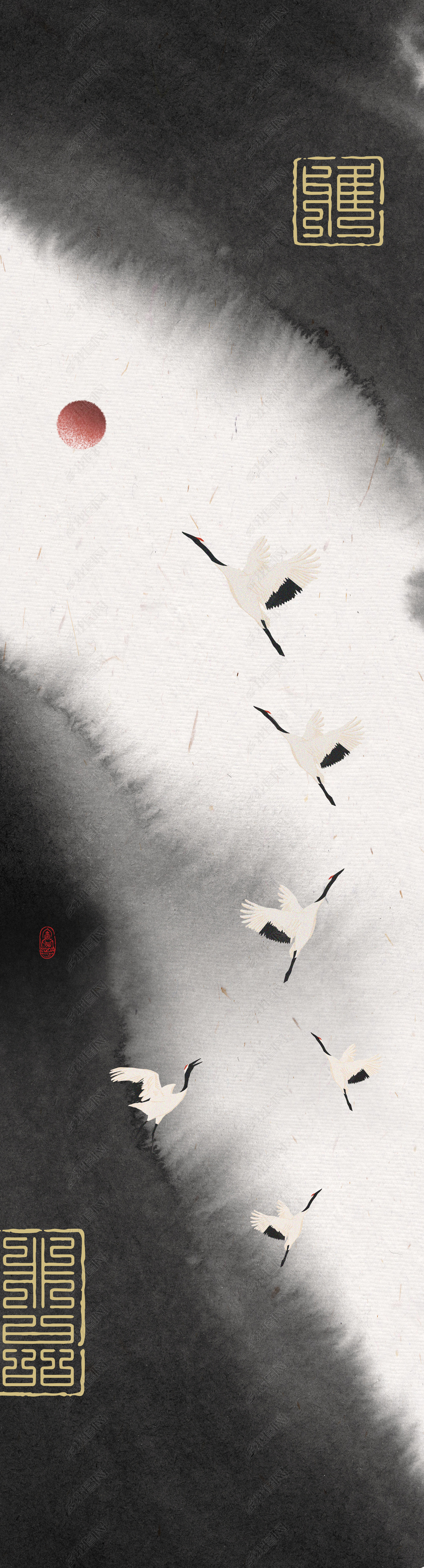花纹图案新中式抽象水墨禅意仙鹤图创意花纹图案家居数码图案